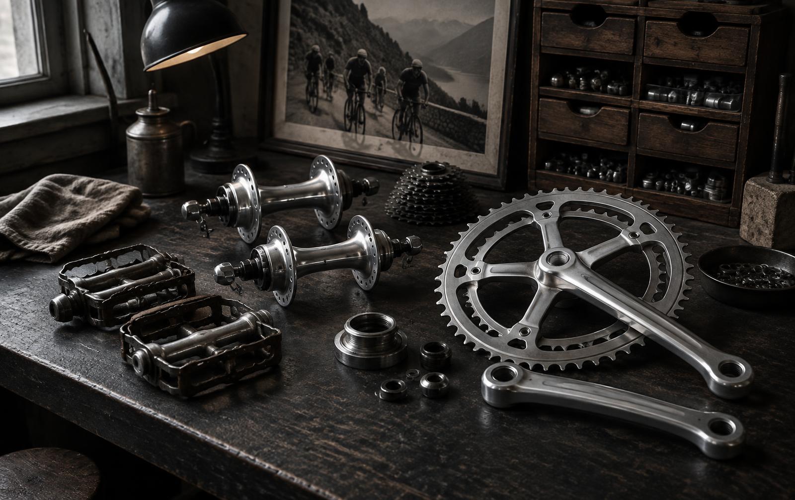 Rare bicycle components on a workshop table